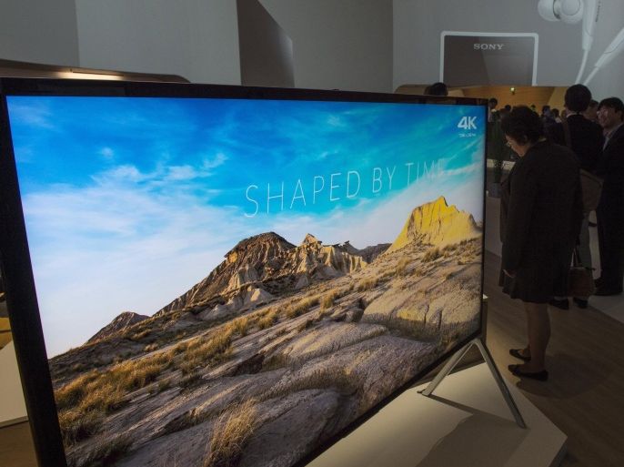 An 85 inch 4K Ultra HD TV is on display at the booth of Japan's electronics giant Sony ahead of the opening of the 55th IFA (Internationale Funkausstellung), on September 2, 2015 in Berlin. IFA, one of the world's biggest consumer electronics shows, opens for the media before the public is invited from September 4 to 9. AFP PHOTO / JOHN MACDOUGALL