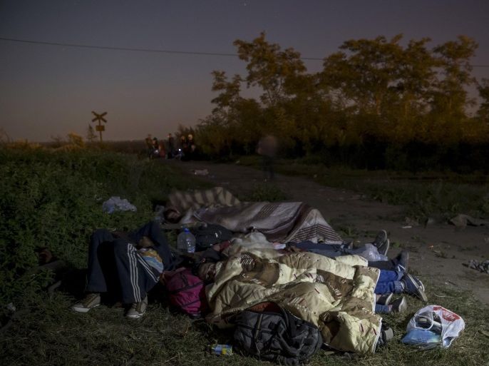 Migrants, hoping to cross into Hungary, sleep on a field outside the village of Horgos in Serbia, towards the border it shares with Hungary, September 1, 2015. Hundreds of angry migrants demonstrated outside Budapest's Eastern Railway Terminus on Tuesday demanding they be allowed to travel on to Germany, as the biggest ever influx of migrants into the European Union left its asylum policies in tatters. REUTERS/Marko Djurica