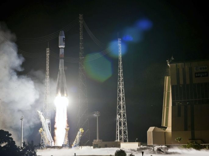 A handout picture made available by the French Space Agency (CNES) shows Arianespace Soyuz ST-B rocket flight VS12 taking off at the Guiana Space Center (CSG), in Kourou, French Guiana, 10 September 2015. Arianespace successfully conducted the launch of a pair of Galileo's FOC M3 fully operational satellites navigation system atop a Soyuz rocket.