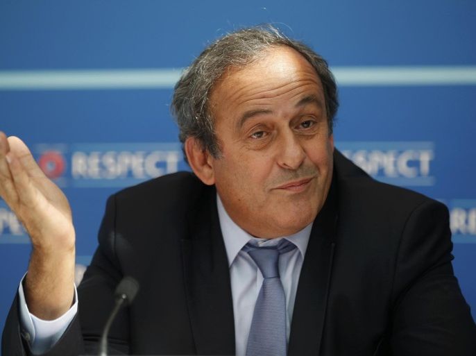 UEFA President Michel Platini attends a news conference after the draw for the 2015/2016 UEFA Europa League soccer competition at Monaco's Grimaldi Forum in Monte Carlo, Monaco August 28, 2015. REUTERS/Eric Gaillard