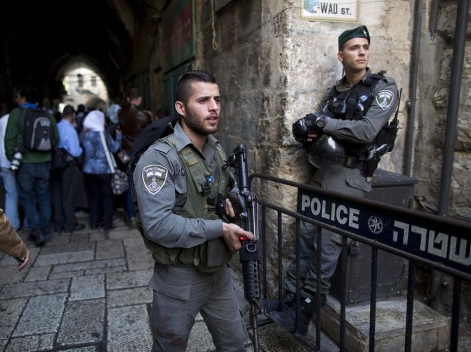 Israeli border police work at the scene after an attack involving a Palestinian woman and Israeli man in the Old City of Jerusalem, Israel, 07 October 2015. According to Israeli police, the man was carrying a gun and shot the woman after she attacked him with a knife - both were hospitalized. There have been increasing clashes in recent weeks between Israelis and Palestinians amid a rift over the use of the flashpoint site called the Temple Mount by Jews and the Noble Sanctuary by Muslims, which lies in Jerusalem's Old City.