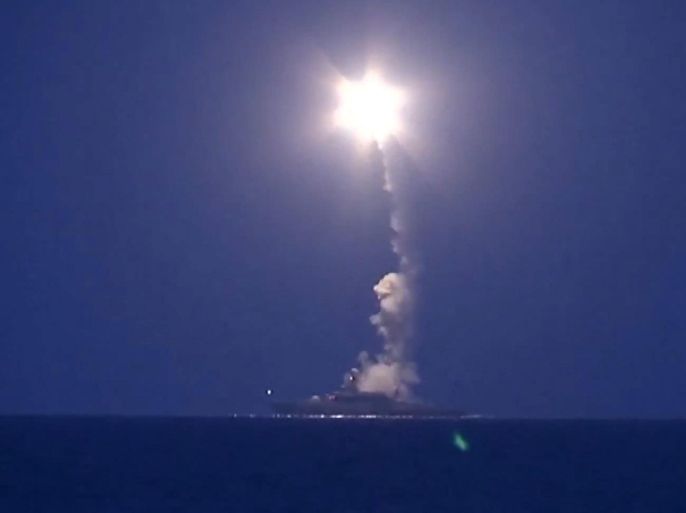 A handout frame grab taken from a video footage made available on the official website of the Russian Defence Ministry on 07 October 2015 shows a warship of the Caspian Flotilla launching missiles from the deployment area in the south-western Caspian Sea. According to information published on the official website of the Russian Defence Ministry, the warships of the Caspian Flotilla carried out massive strikes against Islamic State facilities in Syria by sea-based cruise missiles which passed through the airspace of Iran and Iraq and hit targets. EPA/RUSSIAN DEFENCE MINISTRY PRESS SERVICE/HANDOUT BEST QUALITY AVAILABLE HANDOUT EDITORIAL USE ONLY/NO SALES