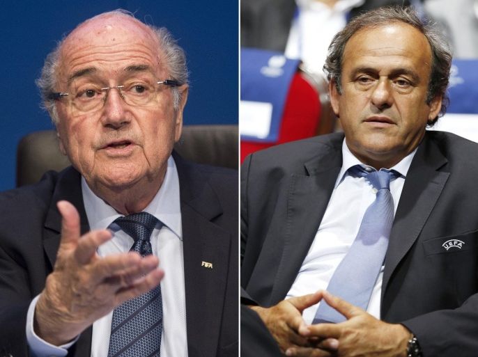(FILE) A composite file picture of FIFA President Joseph Blatter (taken on 30 May 2015 in Zurich, Switzerland) and UEFA President Michel Platini (taken on 29 August 2014 in Monaco). FIFA president Joseph Blatter and UEFA president Michel Platini have lost their appeals against 90-day provisional suspensions from all football activities. FIFA's appeals committee on 18 November 2015 rejected the appeals and confirmed provisional suspensions imposed last month by the world governing body's ethics committee.