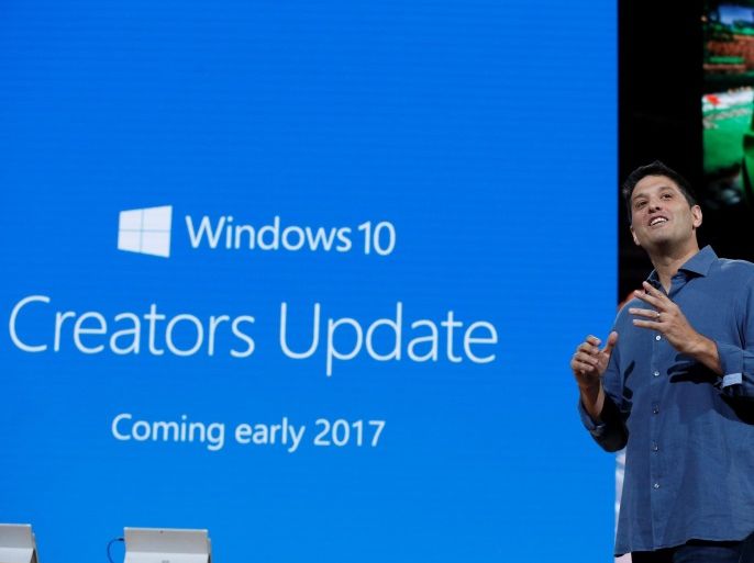 Terry Myerson, Microsoft Executive Vice President of the Windows and Devices Group speaks about Microsoft's Windows 10 "Creators Update" at a live Microsoft event in the Manhattan borough of New York City, October 26, 2016. REUTERS/Lucas Jackson