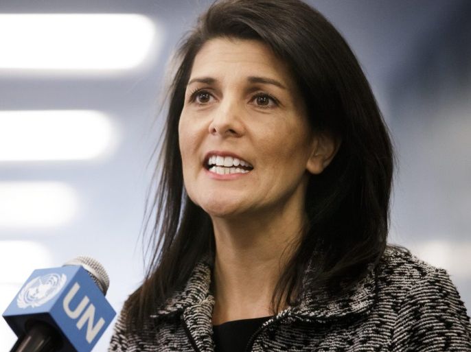 Ambassador Nikki Haley, the new United States' Ambassador to the United Nations (UN), speaks to reporters at the United Nations headquarters for the first time, in New York, New York, USA, 27 January 2017. Haley, who is the former Governor of South Carolina, was appointed by President Donald J. Trump.
