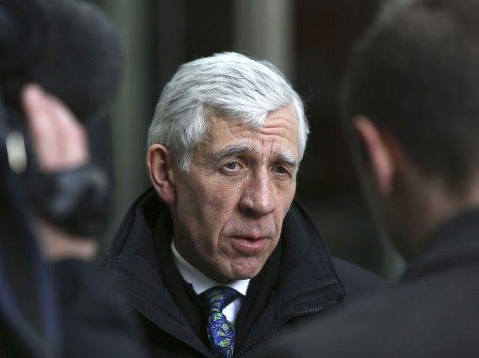 Former British foreign minister Jack Straw speaks to a television crew as he leaves a BBC building in central London February 23, 2015. Two former British foreign ministers have been filmed offering their services to a fictitious Chinese company in return for thousands of pounds, reigniting a damaging 2010