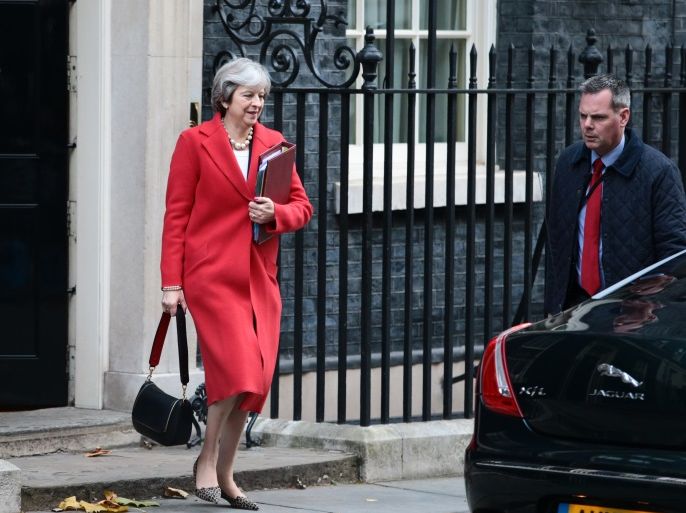 LONDON, ENGLAND - NOVEMBER 22: British Prime Minister Theresa May leaves after a cabinet meeting ahead of the Chancellor's annual budget at 10 Downing Street on November 22, 2017 in London, England. Later today Chancellor of the Exchequer Philip Hammond will deliver his 2017 budget to Parliament. The conservative government is continuing with its aim of reducing the deficit and balancing the books as the UK negotiates its departure from the European Union (Photo by J