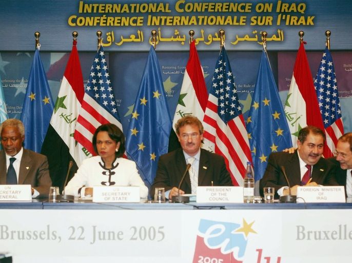 BRUSSELS, BELGIUM - JUNE 22: (L-R) Benita Ferrera Waldner, Kofi Annan, Condoleezza Rice, Jean Asselborn, Hoshiar Zebari and Xavier Solana attend a press conference at the meeting of international Foreign Ministers to discuss the rebuilding Iraq at the Justus Lipsius building on June 22, 2005 in Brussels, Belgium. The conference was attended by representatives from more than 80 countries and U.N secretary General Kofi Annan said afterwards tht 'this conference marked a