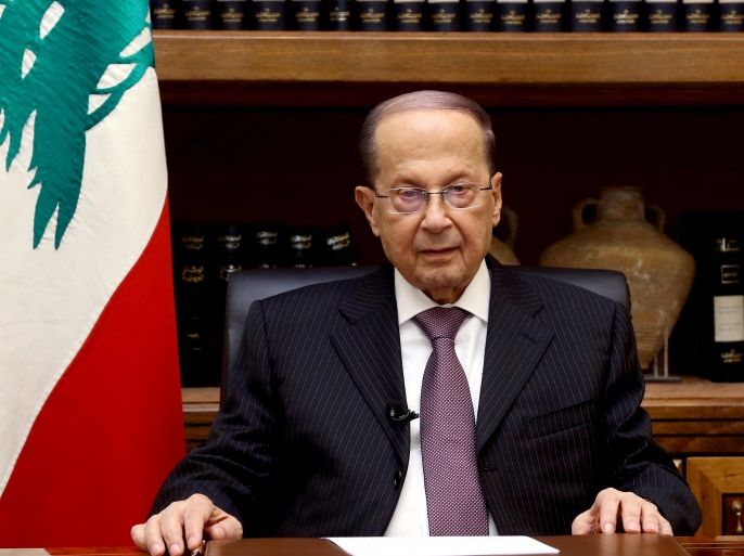 Lebanon's President Michel Aoun is pictured at the Presidential Palace in Baabda, Lebanon April 12, 2017. Dalati Nohra/Handout via Reuters ATTENTION EDITORS - THIS IMAGE HAS BEEN SUPPLIED BY A THIRD PARTY. FOR EDITORIAL USE ONLY