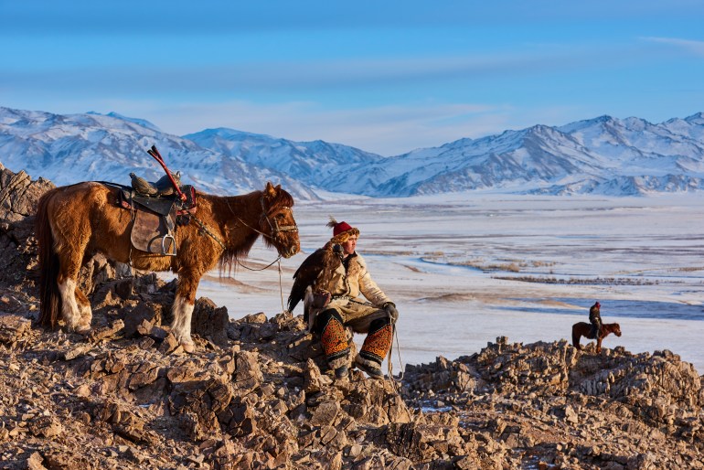 Mongolia, Bayan-Olgii province, Kazakh eagle hunter, Golden Eagle hunting in Altai mountains