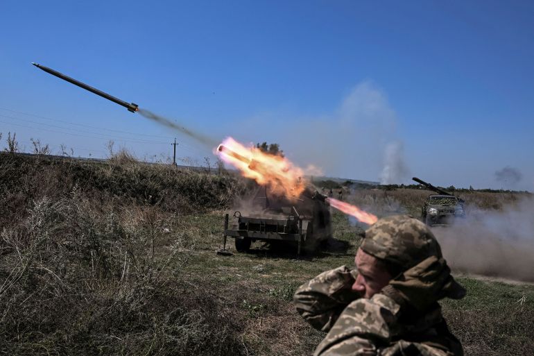 Ukrainian servicemen fire small MLRS toward Russian troops near a front line in Zaporizhzhia region