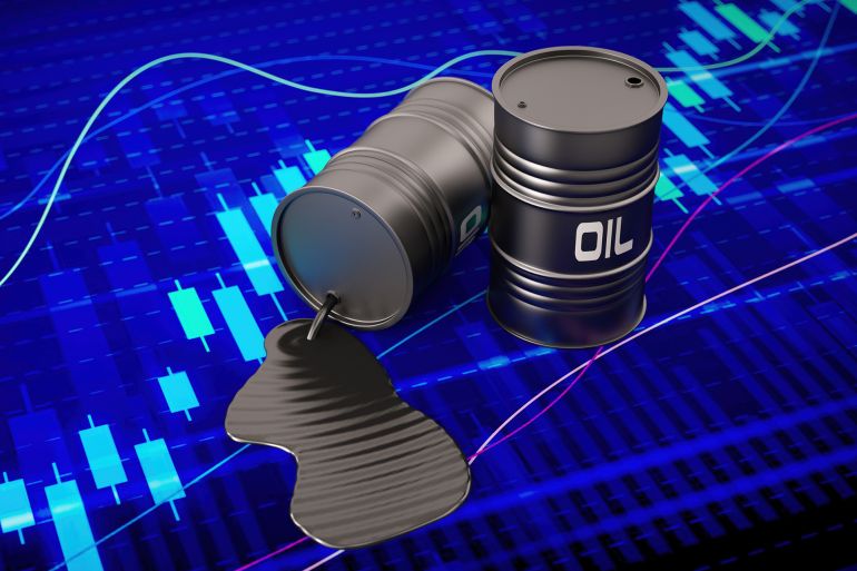 Oil Barrels on Financial Chart. 3D Render