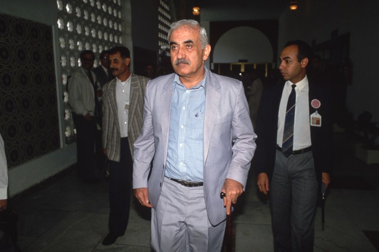 George Habash, leader of the Popular Front for the Liberation of Palestine, attends a meeting of Palestine Liberation Organization leaders. (Photo by Peter Turnley/Corbis/VCG via Getty Images)