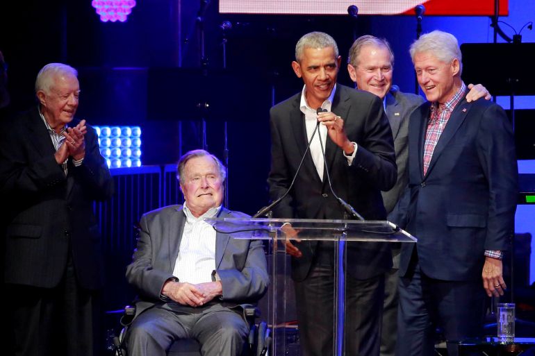 Five former U.S. presidents, Jimmy Carter, George H.W. Bush, Barack Obama, George W. Bush and Bill Clinton, speak during a concert at Texas A&M University benefiting hurricane relief efforts in College Station, Texas, U.S., October 21, 2017. REUTERS/Richard Carson TPX IMAGES OF THE DAY