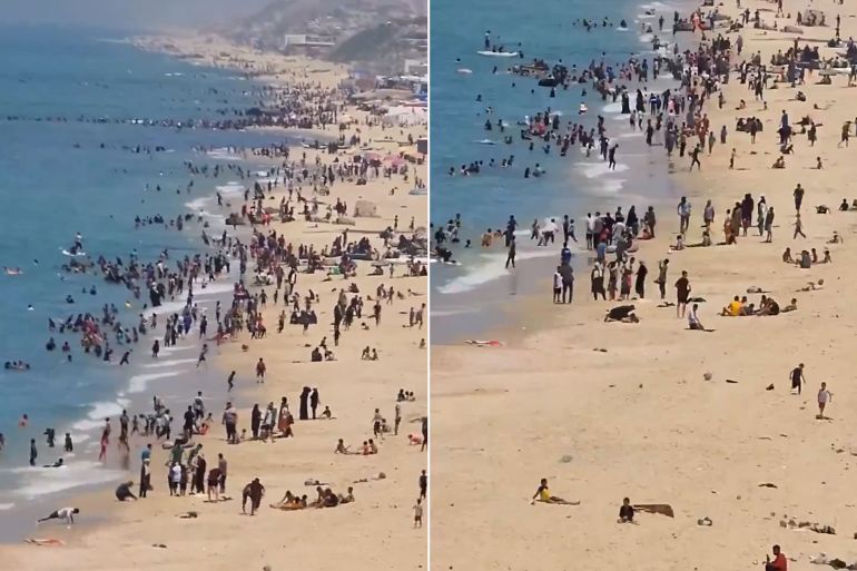 غزيون يستمتعون باللعب والسباحة على شاطئ دير البلح