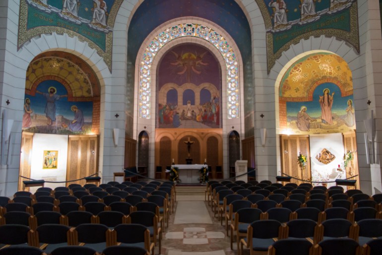 Jerusalem, Israel - January 30, 2020: Church of Saint Peter in Gallicantu is a Roman Catholic church on the eastern slope of Mount Zion. Israel. Colorful mosaics on the interior walls