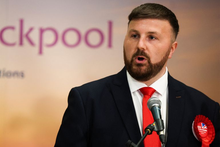 Labour Parliamentary Candidate for Blackpool South Chris Webb speaks after Labour won a Parliamentary by-election in Blackpool, Britain May 3, 2024. REUTERS/Phil Noble