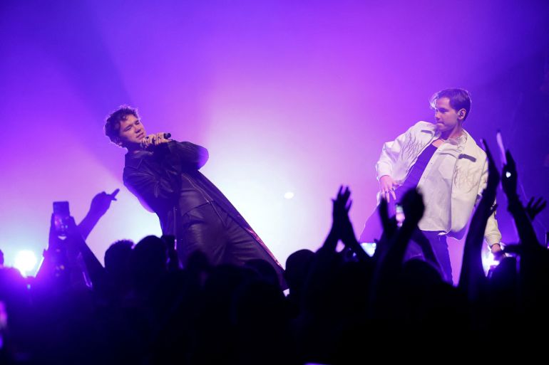 Marcus &amp; Martinus, representing Sweden, perform during the Nordic Eurovision Party concert held at Berns in Stockholm, Sweden, April 14, 2024. TT News Agency/Christine Olsson/via REUTERS ATTENTION EDITORS - THIS IMAGE WAS PROVIDED BY A THIRD PARTY. SWEDEN OUT. NO COMMERCIAL OR EDITORIAL SALES IN SWEDEN.