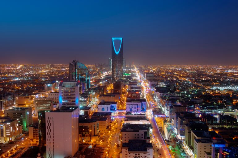 Riyadh skyline at night #2, Saudi Arabian Capital Modern Cityscape, Olaya Street Metro Construction, Cars Traffic Jam