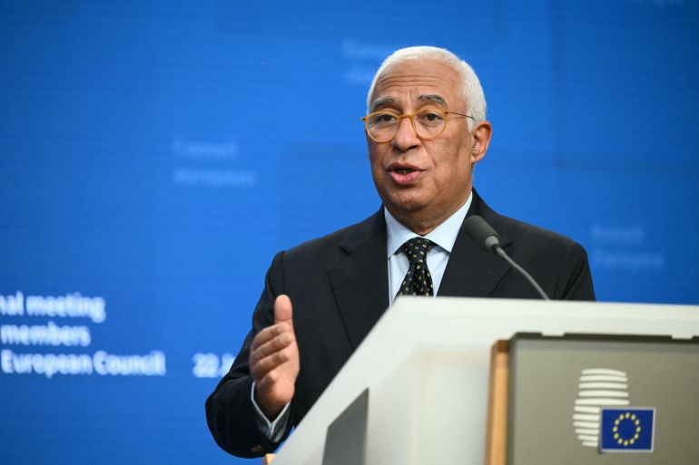 European Council President Antonio Costa delivers a speech for a closing press conference after an emergency meeting of the European Council over US President's Greenland threats, at the European headquarters in Brussels, on January 22, 2026.