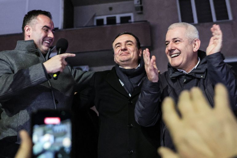 Kosovo's Prime Minister and Levizja Vetevendosje (Movement for Self-Determination) party leader Albin Kurti celebrates with supporters after his party won more than half of the votes in a snap parliamentary election, nearly a year after a political deadlock that prevented the formation of a new government, in Pristina, Kosovo, December 28, 2025. REUTERS/Valdrin Xhemaj TPX IMAGES OF THE DAY