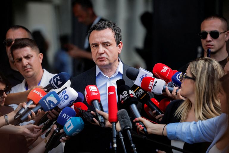 Kosovo's acting Prime Minister and Levizja Vetevendosje (Movement for Self-Determination) party leader Albin Kurti speaks to the media during a snap parliamentary election in Pristina, Kosovo, June 7, 2026. REUTERS/Valdrin Xhemaj TPX IMAGES OF THE DAY