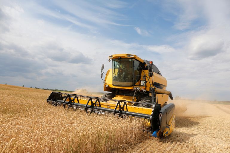 A combine harvesting picks up the wheat on a field near the Krasne village, in the Chernihiv area, 120 km to the north from Kiev, on July 05, 2019. Global demand for agricultural products is projected to grow by 15 percent over the coming decade, while agricultural productivity growth is expected to increase slightly faster, causing inflation-adjusted prices of the major agricultural commodities to remain at or below their current levels, according to an annual report by the Organisation for Economic Co-operation and Development (OECD) and the UN's Food and Agriculture Organization (FAO). (Photo by Anatolii STEPANOV / FAO / AFP) / RESTRICTED TO EDITORIAL USE - MANDATORY CREDIT "AFP PHOTO /FAO/ANATOLII STEPANOV" - NO MARKETING - NO ADVERTISING CAMPAIGNS - DISTRIBUTED AS A SERVICE TO CLIENTS - RESTRICTED TO EDITORIAL USE - MANDATORY CREDIT "AFP PHOTO /FAO/ANATOLII STEPANOV" - NO MARKETING - NO ADVERTISING CAMPAIGNS - DISTRIBUTED AS A SERVICE TO CLIENTS /