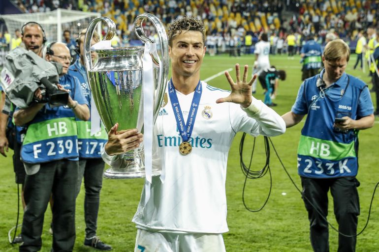 Cristiano Ronaldo of Real Madrid with UEFA Champions League trophy, Coupe des clubs Champions Europeens during the UEFA Champions League final between Real Madrid and Liverpool on May 26, 2018 at NSC Olimpiyskiy Stadium in Kyiv, Ukraine(Photo by VI Images via Getty Images)