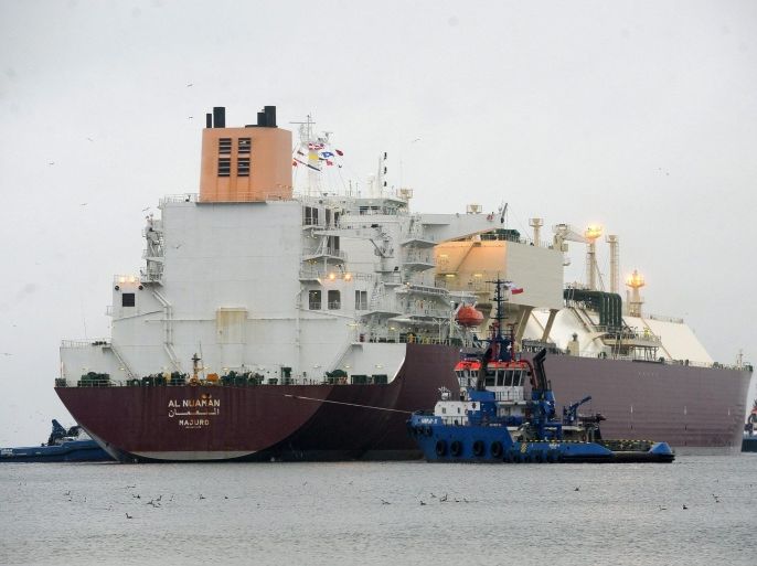 The LPG Tanker vessel 'Al Nuaman' with Qatari LNG enters the LNG Terminal Port in Swinoujscie, Poland, 11 December 2015. More than 315-meter long ship with 200 thousand cubic meters liquefied natural gas, departed the Qatari port of Ras Laffan on 20 November 2015. The gas from the first delivery from Qatar will be used in the commissioning and cool-down of the Swinoujscie LNG terminal. The first supply of commercial LNG shipping from Qatar at the Swinoujscie LNG terminal is expected in the second half of 2016. the Swinoujscie LNG Terminal is one of Poland's major energy and gas security investments. EPA/TOMEK MURANSKI POLAND OUT