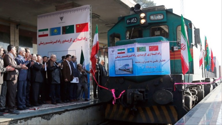 epa05161915 The first Chinese cargo train, to be used following Iran-China joint efforts to revive the Silk Road, arrives in Tehran, Iran, 15 February 2016. Reports said the 32-containers train, each with a capacity of 40 square feet, arrived in Tehran after a 14-day journey from northwestern China. Chinese President Xi Jinping introduced the ‘Silk Road Economic Belt’ in 2013 to improve the infrastructure linking China to Europe through Central Asia. EPA/STRINGER