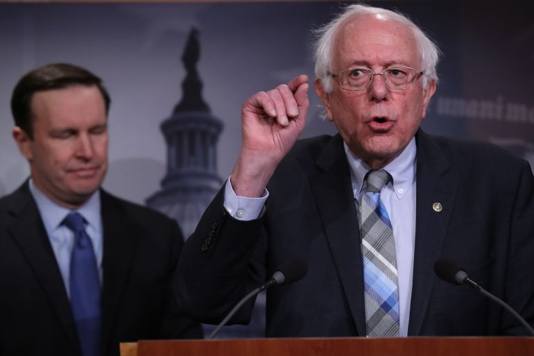 WASHINGTON, DC - JANUARY 30: Sen. Bernie Sanders (I-VT) speaks during a press conference at the U.S. Capitol January 30, 2019 in Washington, DC. Sanders and other members of the U.S. Senate and House of Representatives called for the reintroduction of a resolution to end U.S. support for the Saudi-led war in Yemen during the press conference. Also pictured is Sen. Chris Murphy (D-CT). Win McNamee/Getty Images/AFP== FOR NEWSPAPERS, INTERNET, TELCOS & TELEVISION USE ONL