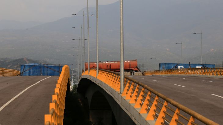 Tienditas International Bridge border between Colombia and Venezuela- - CUCUTA, COLOMBIA - FEBRUARY 22: A shipping container blocking passage is placed ahead of