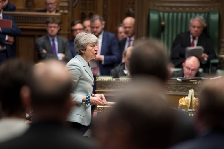 British Prime Minister Theresa May speaks in Parliament in London, Britain March 25, 2019, ©UK Parliament/Mark Duffy/Handout via REUTERS ATTENTION EDITORS - THIS IMAGE HAS BEEN SUPPLIED BY A THIRD PARTY.