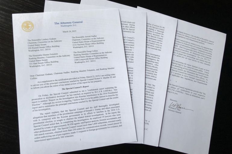 U.S. Attorney General William Barr's four page letter to U.S. congressional leaders on the conclusions of Special Counsel Robert Mueller's report on Russian meddling in the 2016 election is seen after being released by the House Judiciary Committee in Washington, U.S. March 24, 2019. REUTERS/Jim Bourg