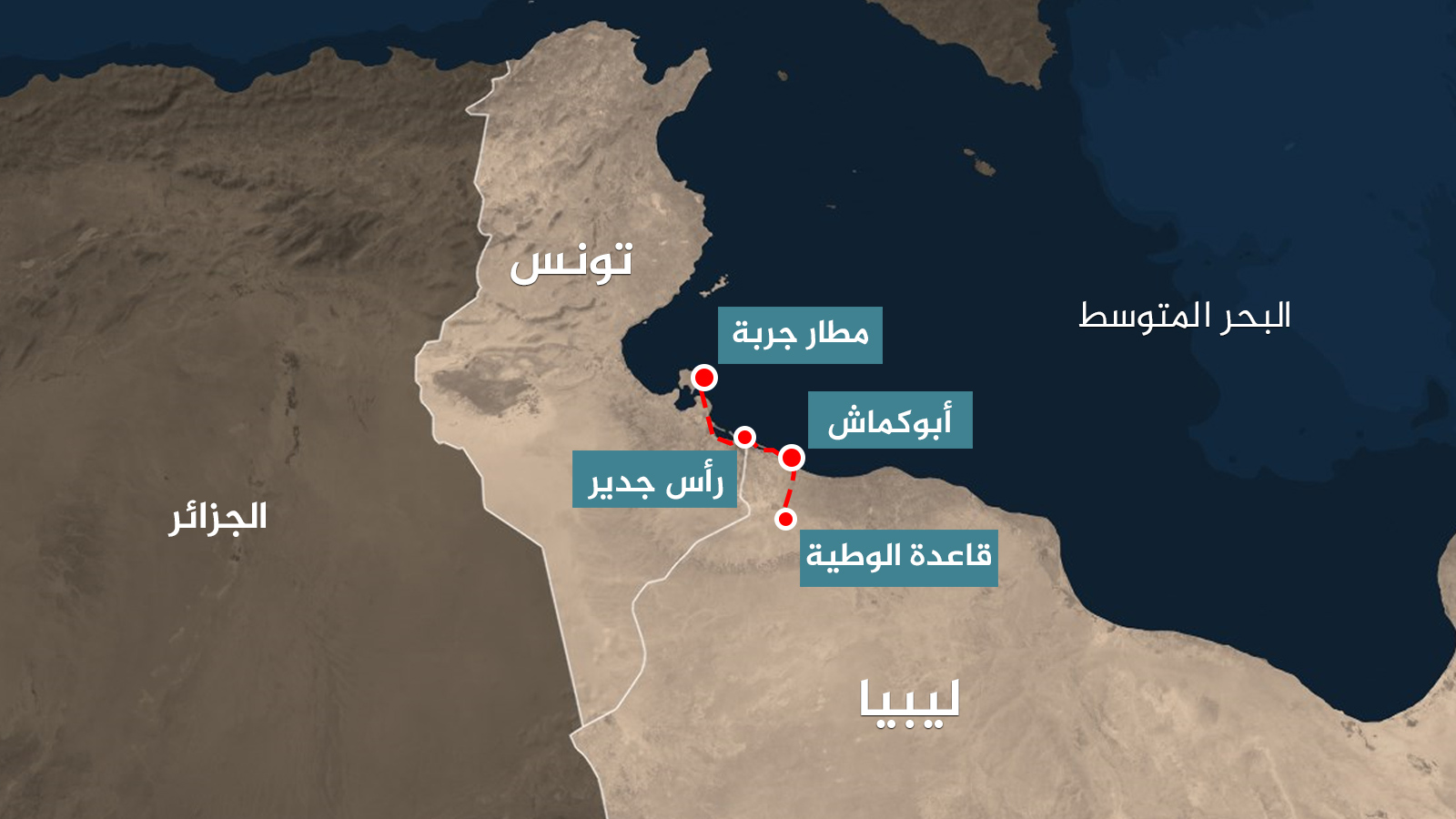 ‪خط سير المجموعة الفرنسية بين ليبيا وتونس‬ (الجزيرة)