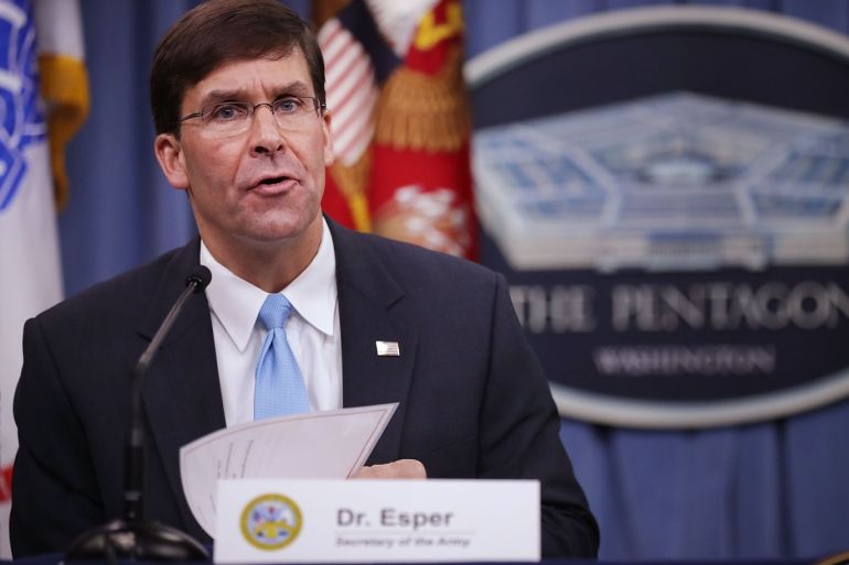 ARLINGTON, VA - JULY 13: U.S. Army Secretary Mark Esper announces that Austin, Texas, will be the new headquarters for the Army Futures Command during a news conference at the Pentagon July 13, 2018 in Arlington, Virginia. The Army is undergoing its biggest reorganization in 45 years with the creation of the Army Futures Command, which is tasked with modernizing the fighting force. Chip Somodevilla/Getty Images/AFP== FOR NEWSPAPERS, INTERNET, TELCOS & TELEVISION USE O