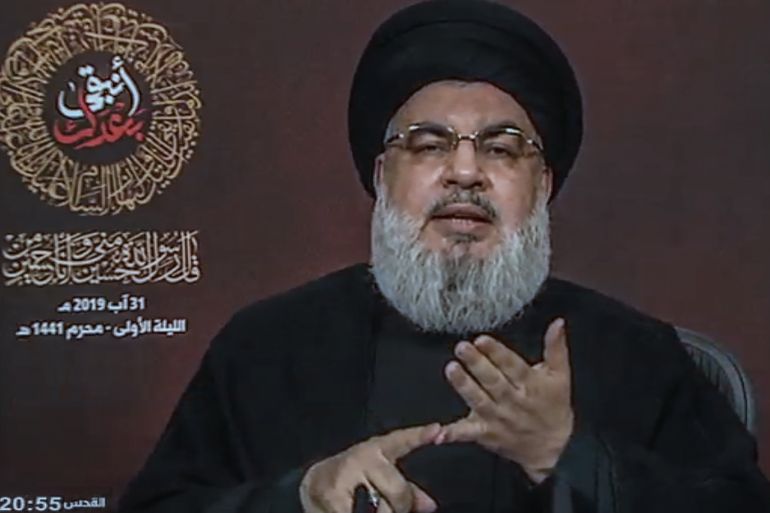 epa07808544 A handout vidoe grab made available by Hezbollah's al-Manar TV shows Hezbollah leader Sayed Hassan Nasrallah giving a speech during the inauguration of the Central Ashura Council on the first night of the month of Muharram 1441 AH, at Sayed al-Shuhada Complex in southern suburb of Beirut, Lebanon 31 August 2019. Nasrallah spoke about the Israeli attack on the party's media center, and the confirmation of Hezbollah's appropriate and timely response to Israel. EPA-EFE/AL-MANAR TV GRAB HANDOUT HANDOUT EDITORIAL USE ONLY/NO SALES