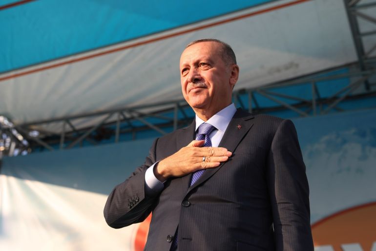 Turkish President Recep Tayyip Erdogan in Kayseri- - KAYSERI, TURKEY - OCTOBER 19: Turkish President Recep Tayyip Erdogan greets the crowd during a mass opening ceremony in Kayseri, Turkey on October 19, 2019.