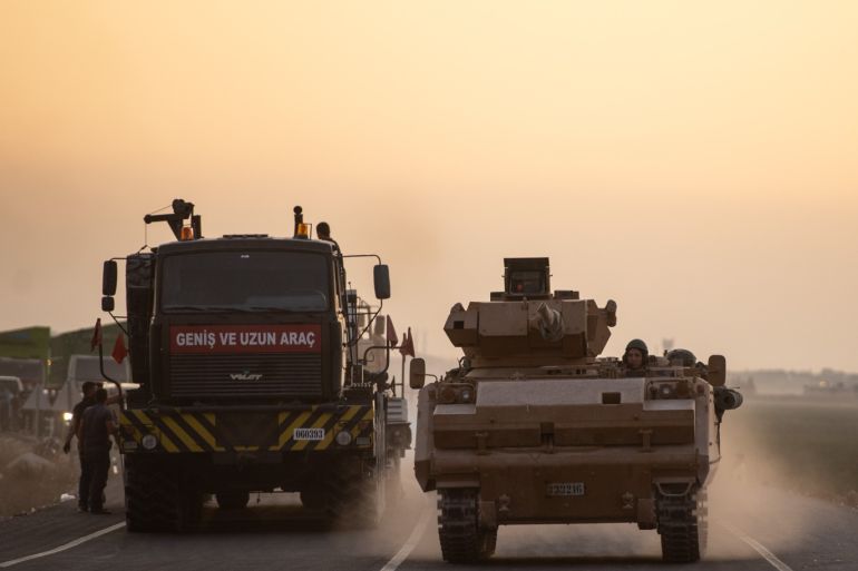 AKCAKALE, TURKEY - OCTOBER 09: A Turkish armored vehicles prepare to cross the border into Syria on October 09, 2019 in Akcakale, Turkey. The military action is part of a campaign to extend Turkish control of more of northern Syria, a large swath of which is currently held by Syrian Kurds, whom Turkey regards as a threat. U.S. President Donald Trump granted tacit American approval to this campaign, withdrawing his country's troops from several Syrian outposts near the Turkish border. (Photo by Burak Kara/Getty Images)