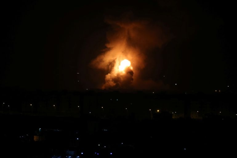 Flame and smoke are seen during an Israeli air strike in the central Gaza Strip September 11, 2019. REUTERS/Ibraheem Abu Mustafa