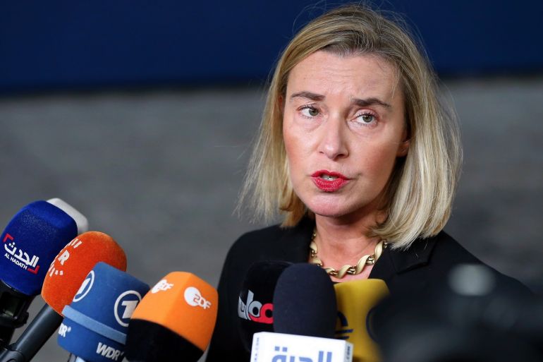 European Foreign Affairs Council- - BRUSSELS, BELGIUM - NOVEMBER 11: European Union for Foreign Affairs and Security Policy Federica Mogherini answers the journalists' questions as she attends the Foreign Affairs meeting at the European Union Headquarters in Brussels on November 11, 2019.