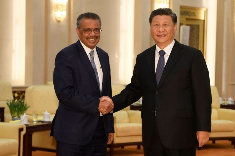 Tedros Adhanom, director general of the World Health Organization, shakes hands with Chinese President Xi jinping before a meeting at the Great Hall of the People in Beijing, China, January 28, 2020. Naohiko Hatta/Pool via REUTERS
