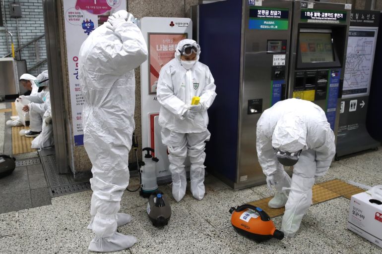 SEOUL, SOUTH KOREA - FEBRUARY 21: Disinfection workers wear protective gears and prepare to disinfect against the coronavirus (COVID-19) at the subway station on February 21, 2020 in Seoul, South Korea. South Korea reported 52 new cases of the coronavirus (COVID-19) bringing the total number of infections in the nation to 156, with the potentially fatal illness spreading fast across the country. (Photo by Chung Sung-Jun/Getty Images)