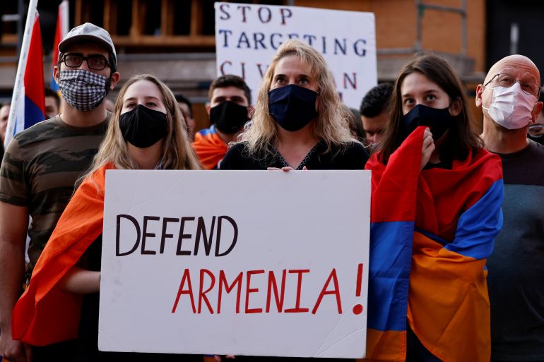 Armenian Youth Federation protest against what they call Azerbaijan's aggression against Armenia and the breakaway Nagorno-Karabakh region outside the Azerbaijani Consulate General in Los Angeles
