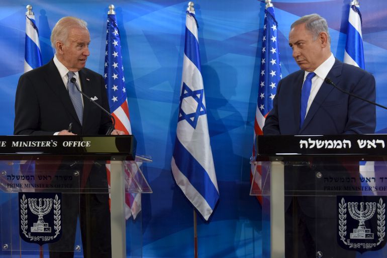 U.S. Vice President Biden and Israeli Prime Minister Netanyahu look at each other as they deliver joint statements during their meeting in Jerusalem