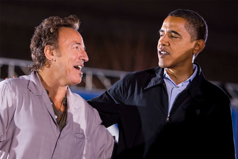 CLEVELAND - NOVEMBER 02: Democratic presidential nominee U.S. Sen. Barack Obama (D-IL) stands with singer Bruce Springsteen during a campaign rally at the Cleveland Mall November 2, 2008 in Cleveland, Ohio. Obama continues to campaign against Republican presidential nominee Sen. John McCain (R-AZ) as Election Day draws near. (Photo by Joe Raedle/Getty Images)
