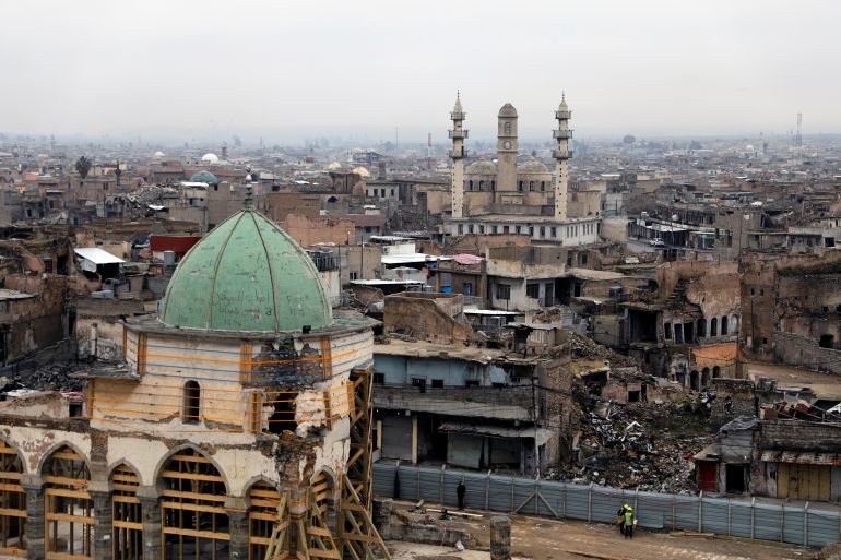A general view of the Grand al-Nuri mosque during its re-construction, in the old city of Mosul