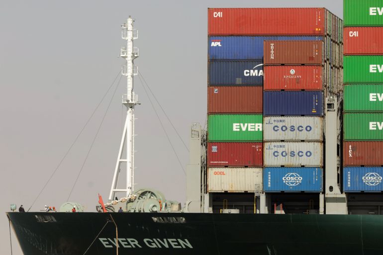 Ship Ever Given, one of the world's largest container ships, is seen after it was fully floated in Suez Canal
