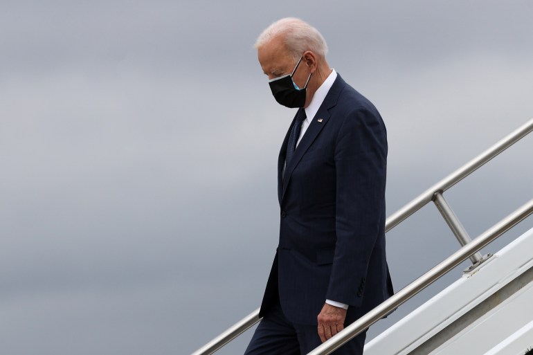 U.S. President Joe Biden disembarks from Air Force One as he arrives at Pittsburgh International Airport in Pittsburgh, Pennsylvania, U.S., March 31, 2021. REUTERS/Jonathan Ernst