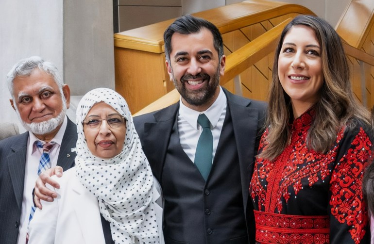 Humza Yousaf, with his wife Nadia El-Nakla, father Muzaffar Yousaf and mother Shaaista Bhutta the Garden Lobby after being voted the new First Minister at the Scottish Parliament in Edinburgh. Picture date: Tuesday March 28, 2023. (Photo by Jane Barlow/PA Images via Getty Images)